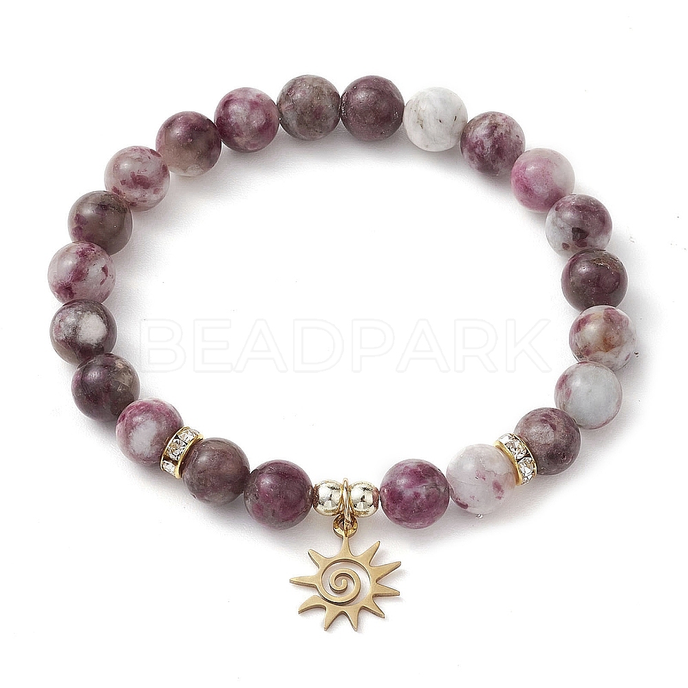 8mm Round Natural Plum Blossom Tourmaline Beaded Stretch Bracelets