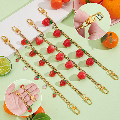 4Pcs 4 Styles Alloy Enamel & Resin Fruit Red Strawberry Charm 304 Stainless Steel Bag Decorative Chains HJEW-PH02272-1