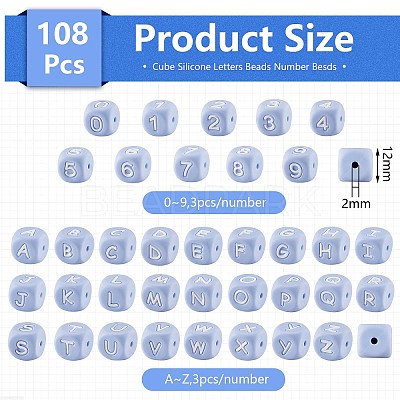 108 Pcs White Cube Silicone Beads Letter Number Square Dice Alphabet Beads with 2mm Hole Spacer Loose Letter Beads for Bracelet Necklace Jewelry Making JX438C-1