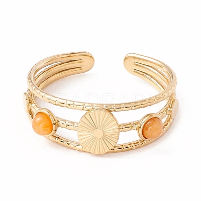 Natural Gemstone and Flat Round Open Cuff Ring RJEW-B039-02G-1