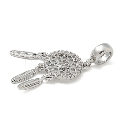 Brass Clear Cubic Zirconia Woven Web/Net with Feather European Dangle Charms KK-U050-01P-1