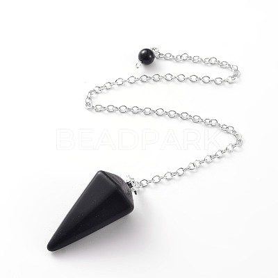 Platinum Tone Brass Dyed & Heated Black Agate Cone Hexagonal Pointed Dowsing Pendulums MAK-M015-01C-1