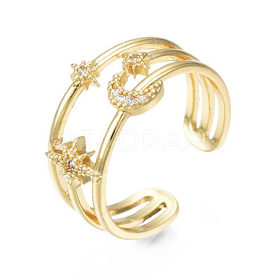 Sparkling Cubic Zirconia Moon & Star Cuff Ring RJEW-N035-065-NF-1