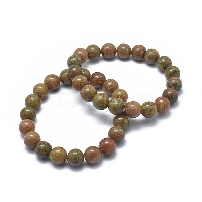 Natural Unakite Bead Stretch Bracelets X-BJEW-K212-A-042-1