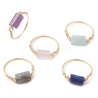 Column Natural Aquamarine & Rose Quartz & Lapis Lazuli & Labradorite & Amethyst Finger Rings RJEW-JR00817-1