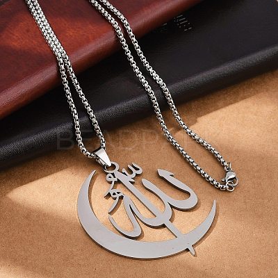 201 Stainless Steel Moon & Arabic Pendants Box Chain Necklaces for Women Men LS-NJEW-R013-02P-1