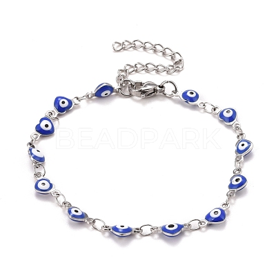 Enamel Heart with Evil Eye Link Chains Bracelet BJEW-P271-07P-04-1