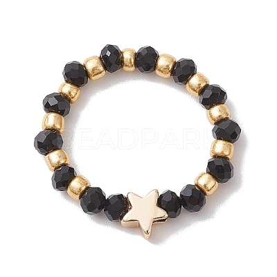 Glass Stretch Rings with Golden Plated Star & Moon Brass Beads RJEW-JR00660-03-1