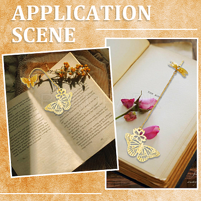 3Pcs 3 Styles Butterfly & Butterfly & Dragonfly Filigree Brass Bookmark with Chains AJEW-SC0002-93G-1