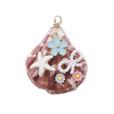 Natural Scallop Shell & Resin Flower & ABS Plastic Imitation Pearl Bowknot Pendants PALLOY-JF03891-1