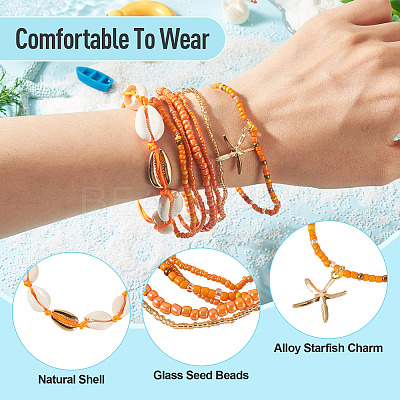 2 Bags Summer Beach Glass Seed Beaded & Natural Shell & Alloy Starfish Charm Anklet Sets AJEW-TA0003-69C-1
