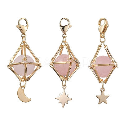 Natural Rose Quartz Brass Pendant Decorations HJEW-JM01817-01-1
