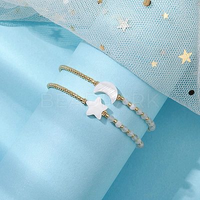 2Pcs 2 Styles Moon & Star Freshwater Shell & Natural Rainbow Moonstone Braided Bead Bracelet Sets BJEW-JB10531-1