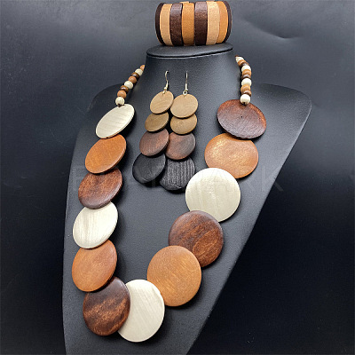 Bohemian Vintage Style Wooden Flat Round Beaded Necklaces & Dangle Earrings & Beadeed Bracelets Sets for Women FS-WGEDB9C-01-1