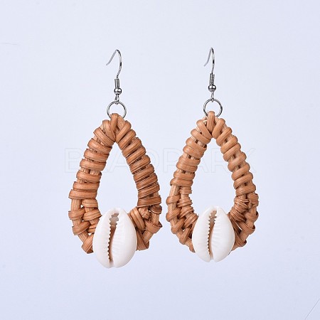 Handmade Reed Cane/Rattan Woven Dangle Earrings EJEW-JE03046-01-1