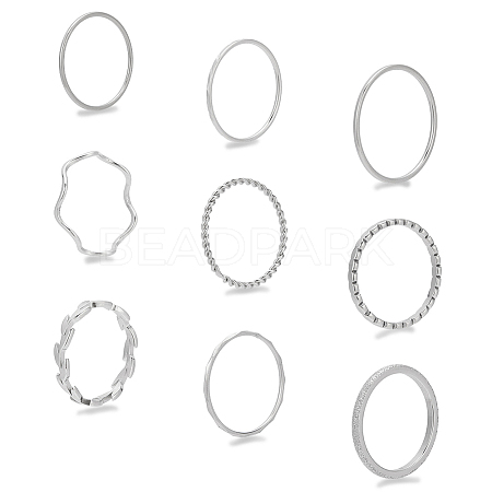 ANATTASOUL 9Pcs 9 Style Leaf & Wave & Simple Thin Titanium Steel Finger Rings Set for Men Women RJEW-AN0001-11-1