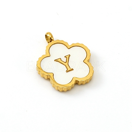 Golden Tone Stainless Steel Pave White Shell Letter Flower Charms PW-WGC5230-25-1