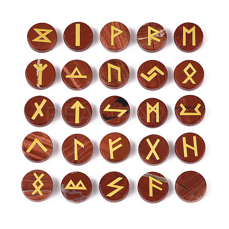 Brass Elder Futhark Alphabet Engraved Symbol Flat Round Natural Red Jasper Rune Stones G-I373-01C-1