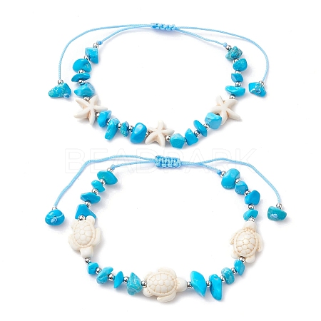 2Pcs 2 Styles Synthetic Turquoise & Natural Magnesite Braided Beaded Bracelets for Women BJEW-JB10202-1