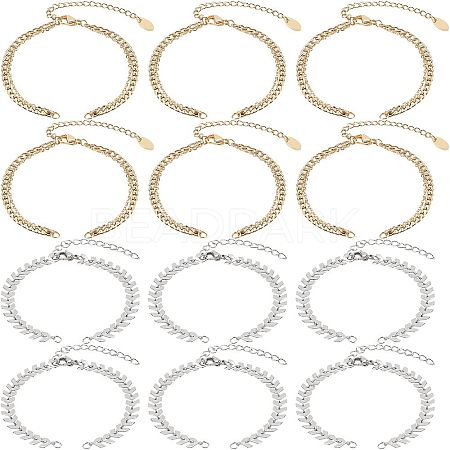  12Pcs 2 Style 304 Stainless Steel  Chain & Brass Cable Chain Bracelet Making AJEW-NB0003-26-1