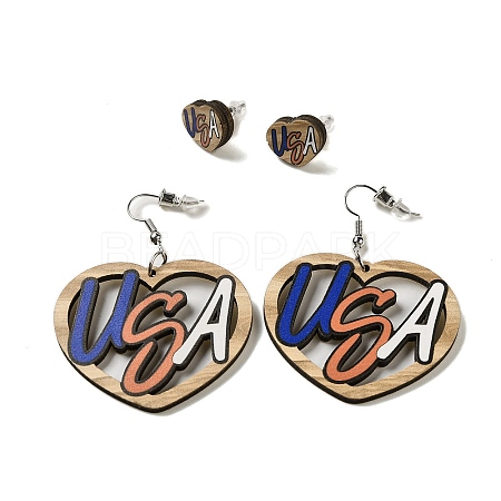 Heart with Word USA Wood Studs & Dangle Earrings Set SJEW-K002-02-1
