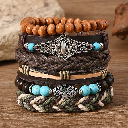 6Pcs 6 Styles Wood & Synthetic Turquoise Beaded Stretch Bracelets & Alloy Synthetic Turquoise Link Bracelets & Retro PU Leather Cord Bracelets for Men's FS-WG129F8-07-1