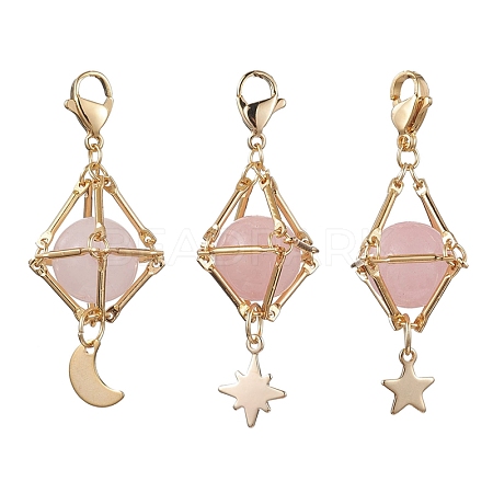 Natural Rose Quartz Brass Pendant Decorations HJEW-JM01817-01-1