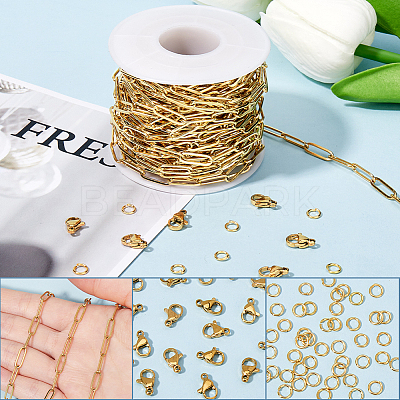 10M Ion Plating(IP) 304 Stainless Steel Paperclip Chains wih 50Pcs Open Jump Rings with 20Pcs  Lobster Claw Clasps FIND-SC0012-55-1