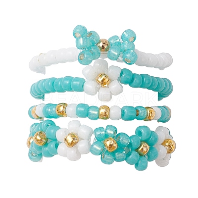4Pcs 4 Style Glass Seed Beaded Stretch Finger Rings RJEW-JR00661-01-1
