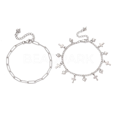 304 Stainless Steel Paperclip & Figaro Chain Bracelets for Women BJEW-JB12445-01-1