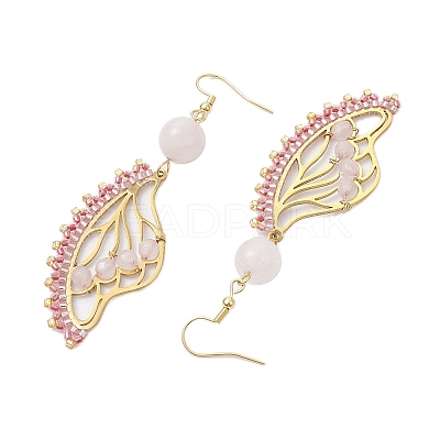Butterfly Wing Natural Rose Quartz & Seed Beads Dangle Earrings EJEW-MZ00165-1