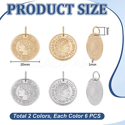 12Pcs 2 Colors 304 Stainless Steel Coin Pendants STAS-UN0064-48-1