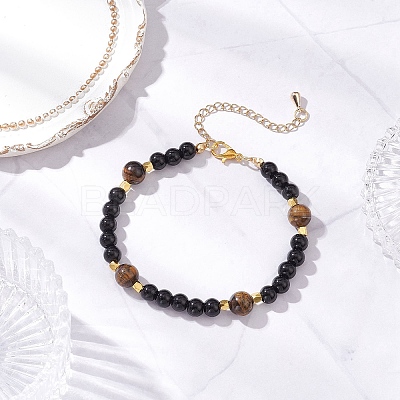 3Pcs Round Natural Tiger Eye & Citrine & Synthetic Blue Goldstone & Glass Pearl Beaded Bracelets for Women BJEW-JB12239-1