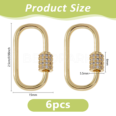 6Pcs Brass Micro Pave Clear Cubic Zirconia Screw Carabiner Lock Charms ZIRC-DC0001-34-1