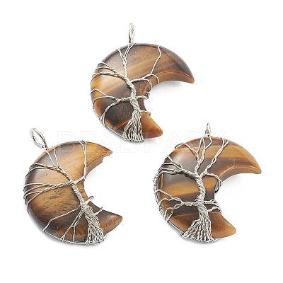 Natural Tiger Eye Tree of Life Wire Wrapped Pendants G-L520-E07-P-1