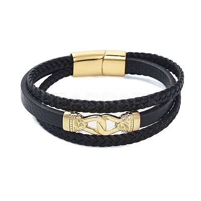 PVD Vacuum Plating Men's Black PU Leather Cord Multi-strand Bracelets BJEW-K243-41G-1