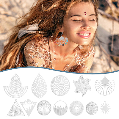 48Pcs 12 Styles 201/304 Stainless Steel Filigree Pendants STAS-UN0064-14-1
