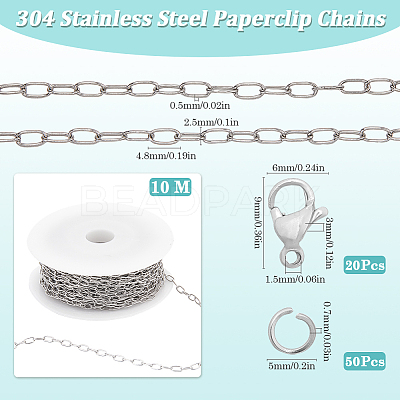 10M 304 Stainless Steel Paperclip Chains wih 50Pcs Open Jump Rings with 20Pcs  Lobster Claw Clasps FIND-SC0012-56B-1