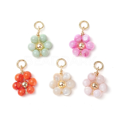 Dyed Natural Shell & Brass Round Beaded Flower Pendants PALLOY-JF03462-1