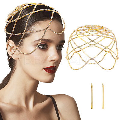 Rhinestone Mesh Headpiece Cap AJEW-WH0413-82A-1