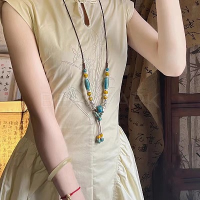 Alloy & Porcelain Beaded Barrel Tassel Pendant Long Bib Necklaces for Women WG23FEE-03-1