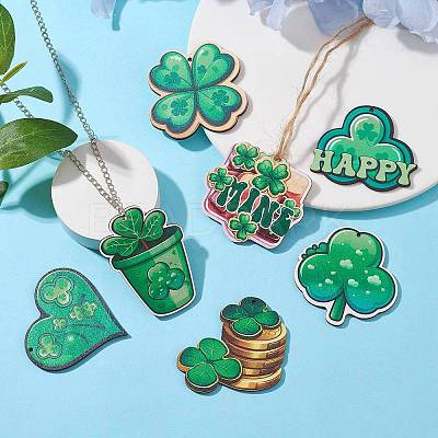 20Pcs 10 Styles Single Face Printed Clover Wood Big Pendants WOOD-CJ0001-80-1