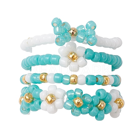 4Pcs 4 Style Glass Seed Beaded Stretch Finger Rings RJEW-JR00661-01-1