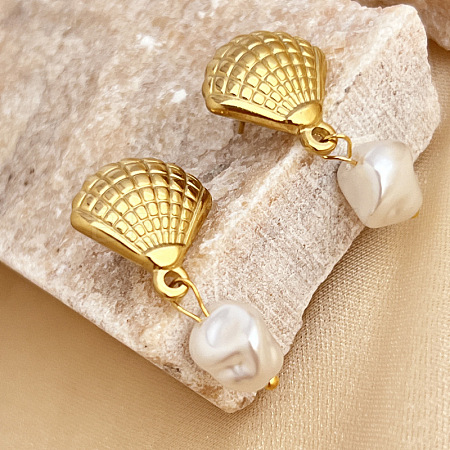 304 Stainless Steel Plastic Pearl Dangle Stud Earrings LS-EJEW-G422-01G-03-1