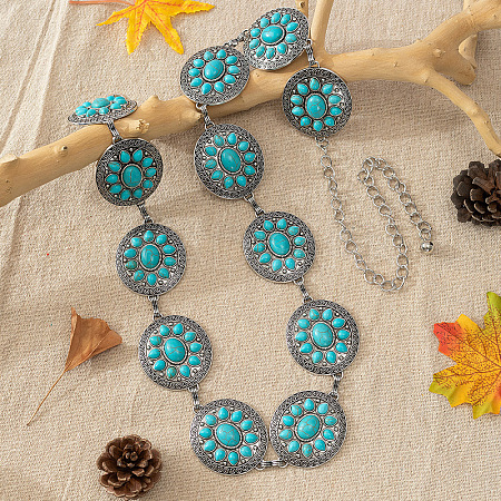 Bohemian Brass Pave Synthetic Turquoise Flat Round with Flower Link Alloy Chain Belts for Women FS-WG72103-01-1