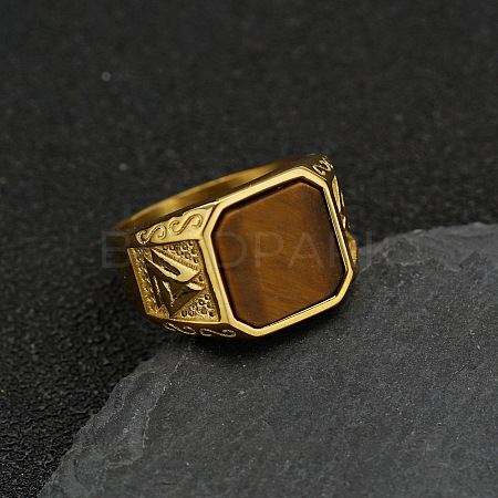 304 Stainless Steel with Natural Tiger Eye Finger Rings FS-WG06E27-03-1