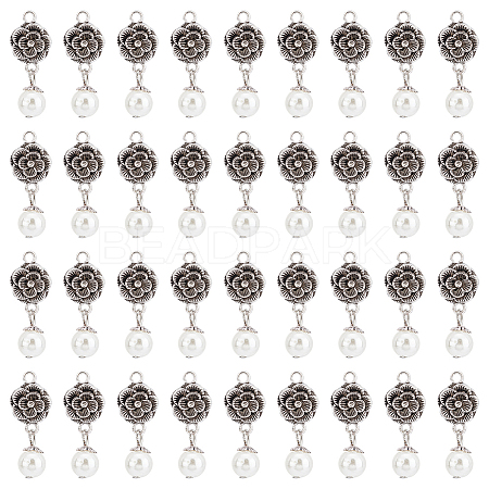   ABS Plastic Imitation Pearl Round Pendants and Tibetan Style Findings FIND-PH0008-82-1