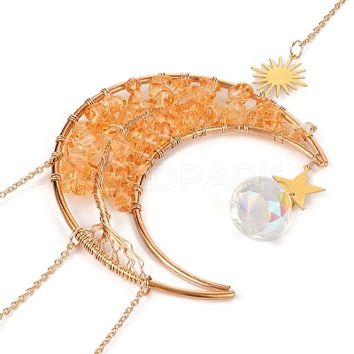 Wire Wrapped Natural Yellow Quartz Moon with Tree of Life Pendant Decorations HJEW-K046-07G-02-1