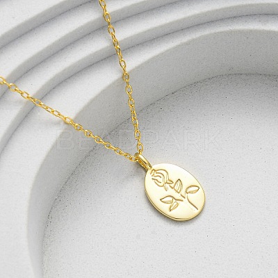 925 Sterling Silver Oval with Engraved Rose Flower Pendant Necklaces for Women NJEW-D316-03G-1