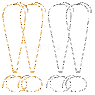 2 Styles 2 Colors 304 Stainless Steel Paperclip Chain Bracelets & Necklaces Sets SJEW-PH00003-1